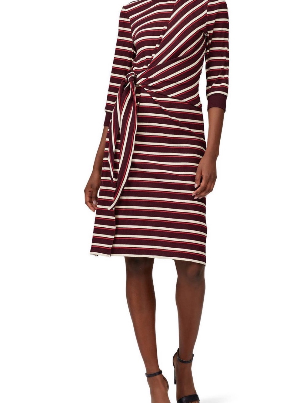 Kinly - Striped Tie-Waist Knit Dress in Burgundy and Ivory